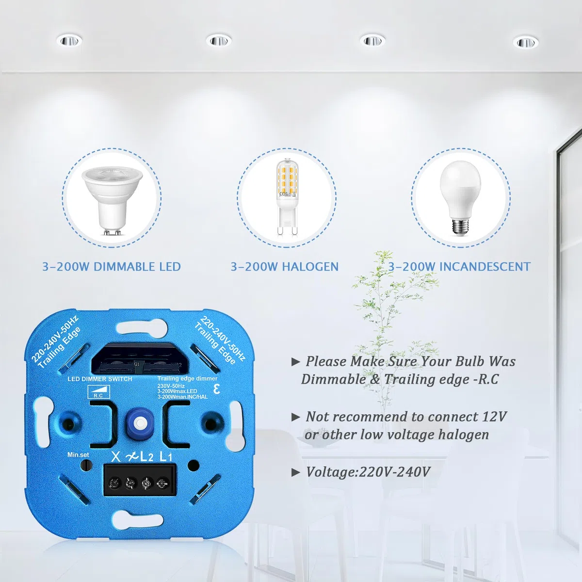 YindaLux dimmer per LED 220V, interruttore da incasso per LED dimmerabili 3-200W / alogeni 3-200W, interruttore dimmer, bianco