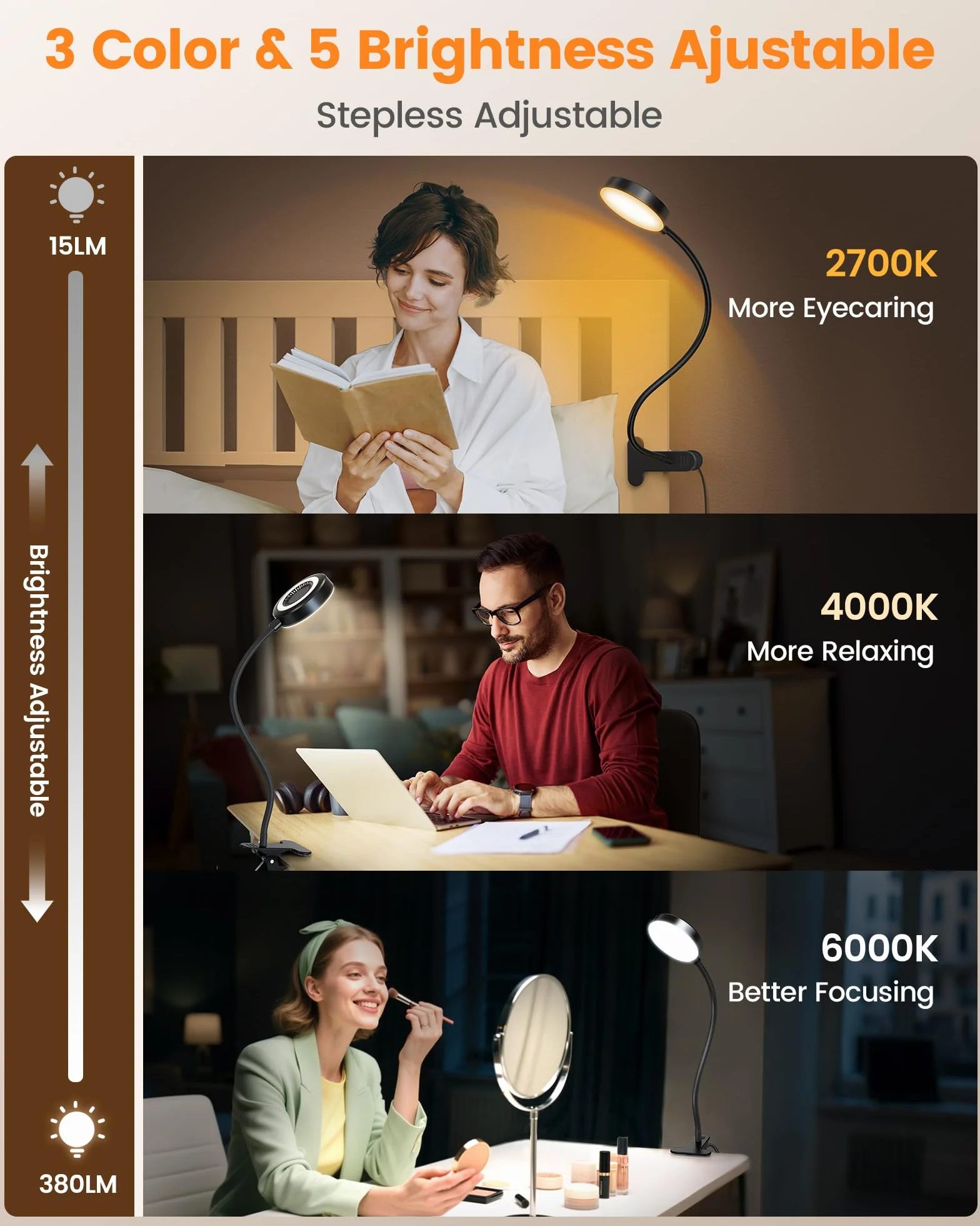 Glocusent Lampada da Lettura 72 LED, Luce da Lettura-3 Colore e 5 Luminosità, USB Lampada con Pinza con luce notturna ambra & timer 30/60 min (Nero con adattatore e telecomando)