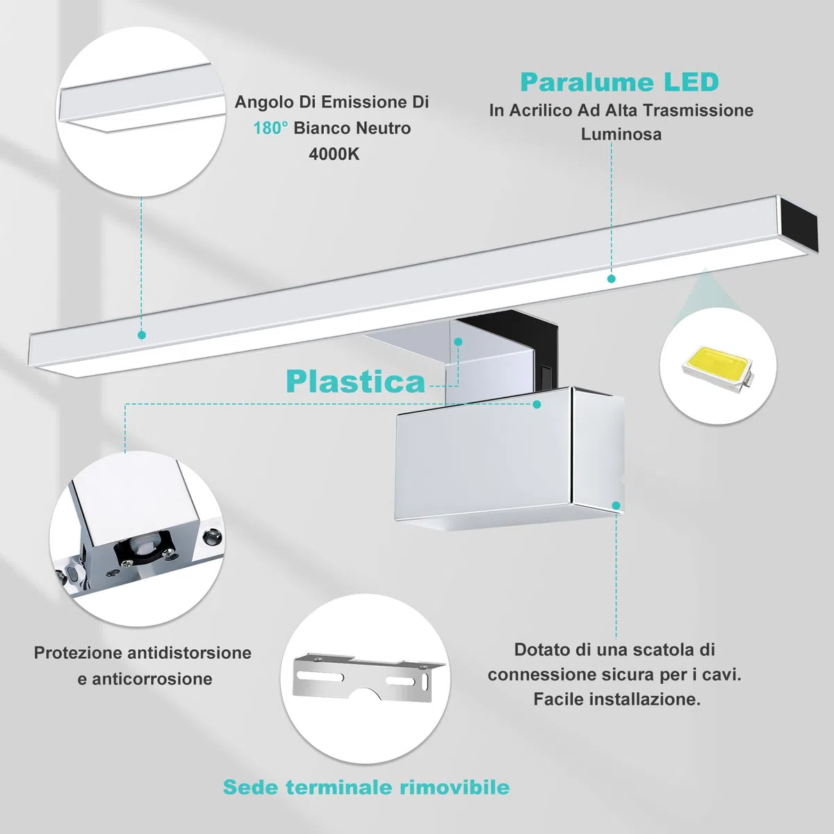 Lampada LED per specchio da, 8W 45 cm 230 V Luce neutra 4000K, Lampada da bagno moderna per luce da trucco, Lampada da mobile Luce da parete per bagno. IP 44 Impermeabile alluminatura