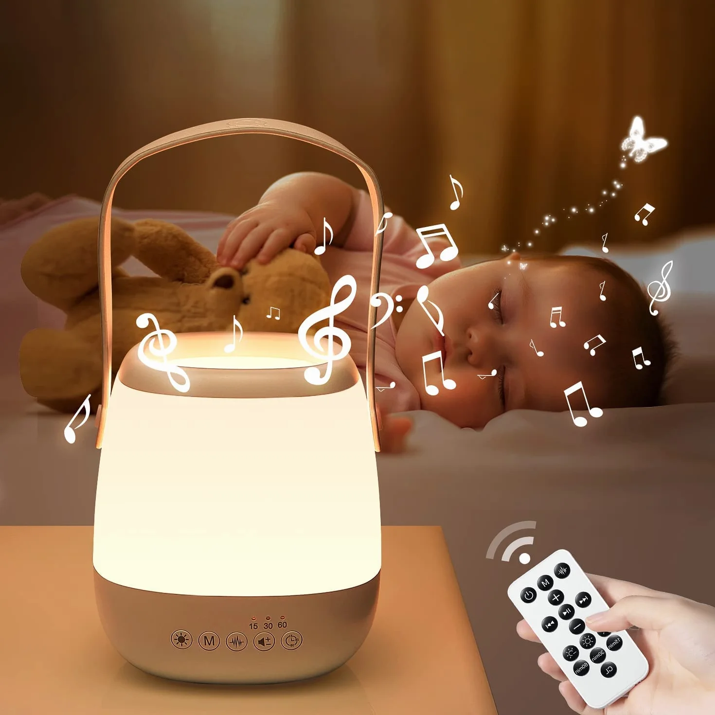 One Fire Lampada da Comodino, 16 Colori 5 Luminosità Luce Notturna Neonato,16 Rumore Bianco 6 Lullaby Lampade da Comodino, Telecomando Timer Lampada Notturna Bambini,USB Ricaricabile Lampada Comodino