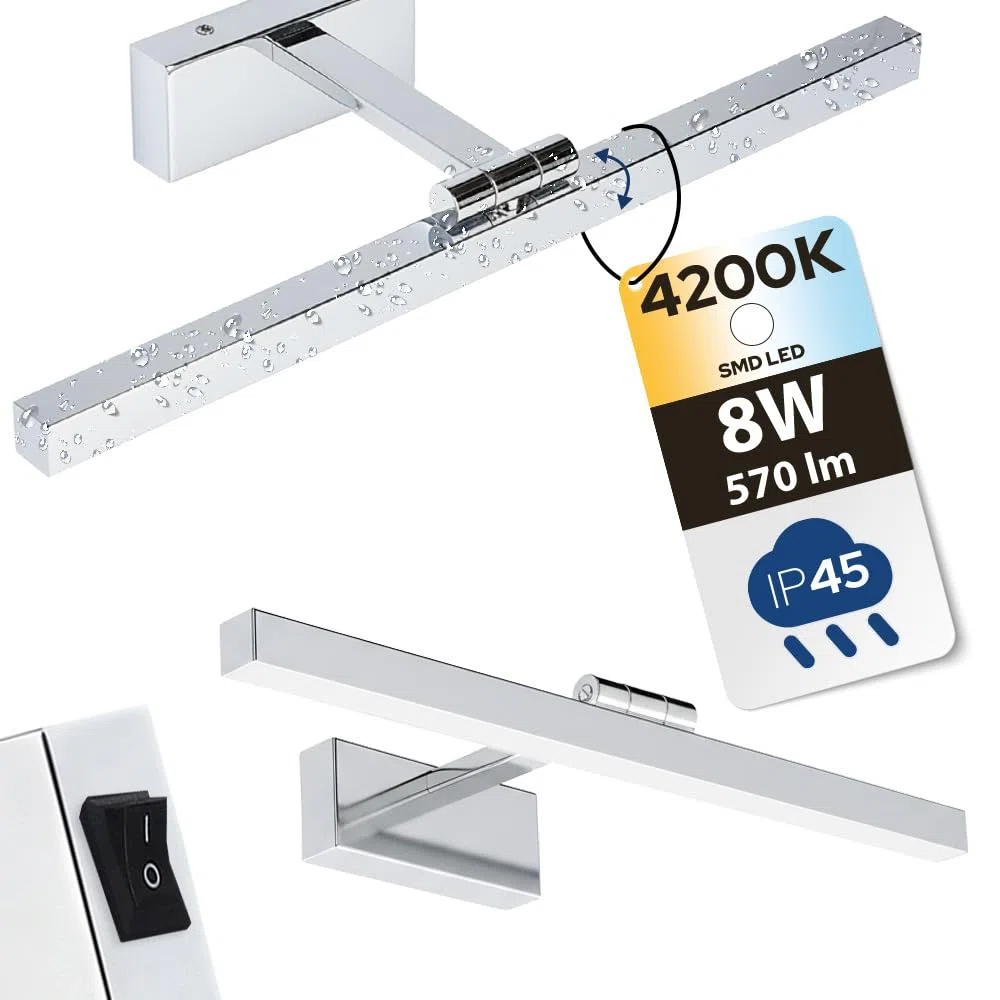 Lampada a LED da Specchio per Bagno - Luce da Parete Sopra Specchio/Guadro 40 cm - Testa Orientabile e Interruttore - Cromo 8W 570lm 4200K Bianco Neutro - Applique da Bagno IP45