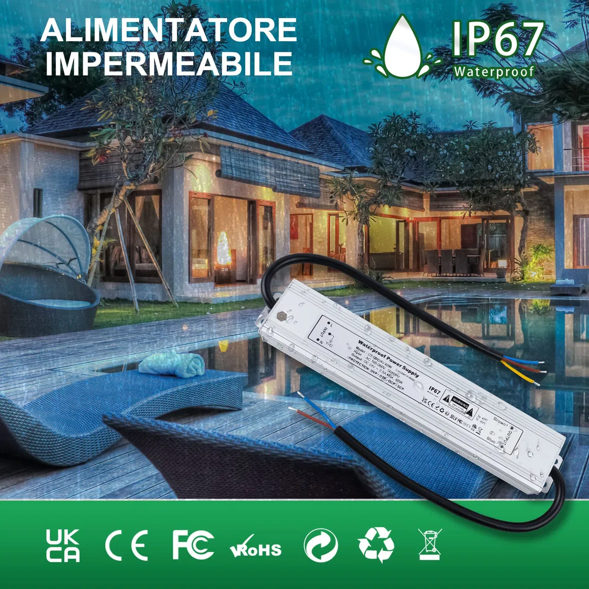 REYLAX Trasformatore LED 24V 60W Alimentatore 2.5A Impermeabile IP67 Driver LED AC 100-260V a DC 24V Trasformatori da Esterno Adattatore Led a Tensione Costante Power Supply Bassa Tensione