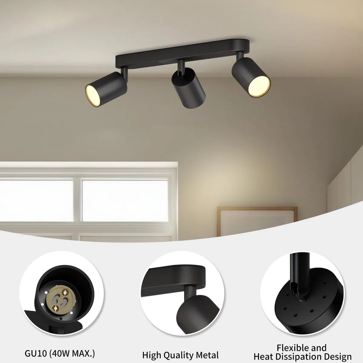 LVWIT Faretti LED da Soffitto Orientabili Nero,Faretto LED Interno con 3 Luci in Alluminio GU10, Rettangoli Base, Moderna Plafoniera Industriali per Barra, Salotto, Cucina (Senza Lampadina)