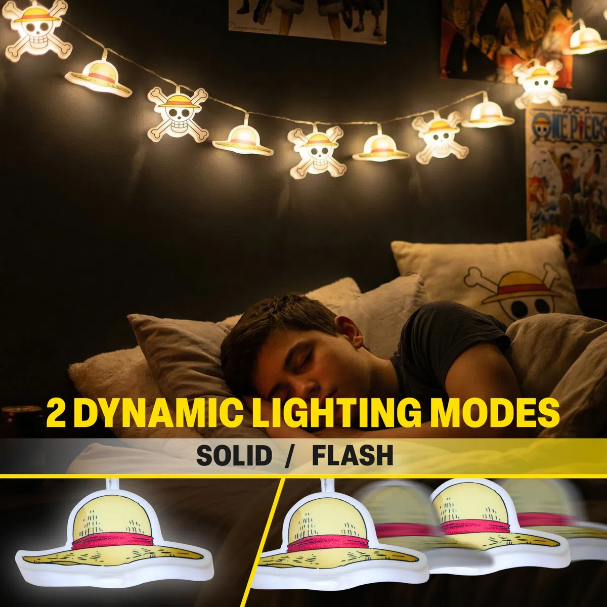 Get Trend One Piece 3D Stringa Luci LED, 10 Pz Bianco LED Lucine Fatate, Funziona a Batteria e con 2 Modalità Lightning, Straw Hat Skull Interno Decorazioni Casa & Camera da Letto, Regalo Anime