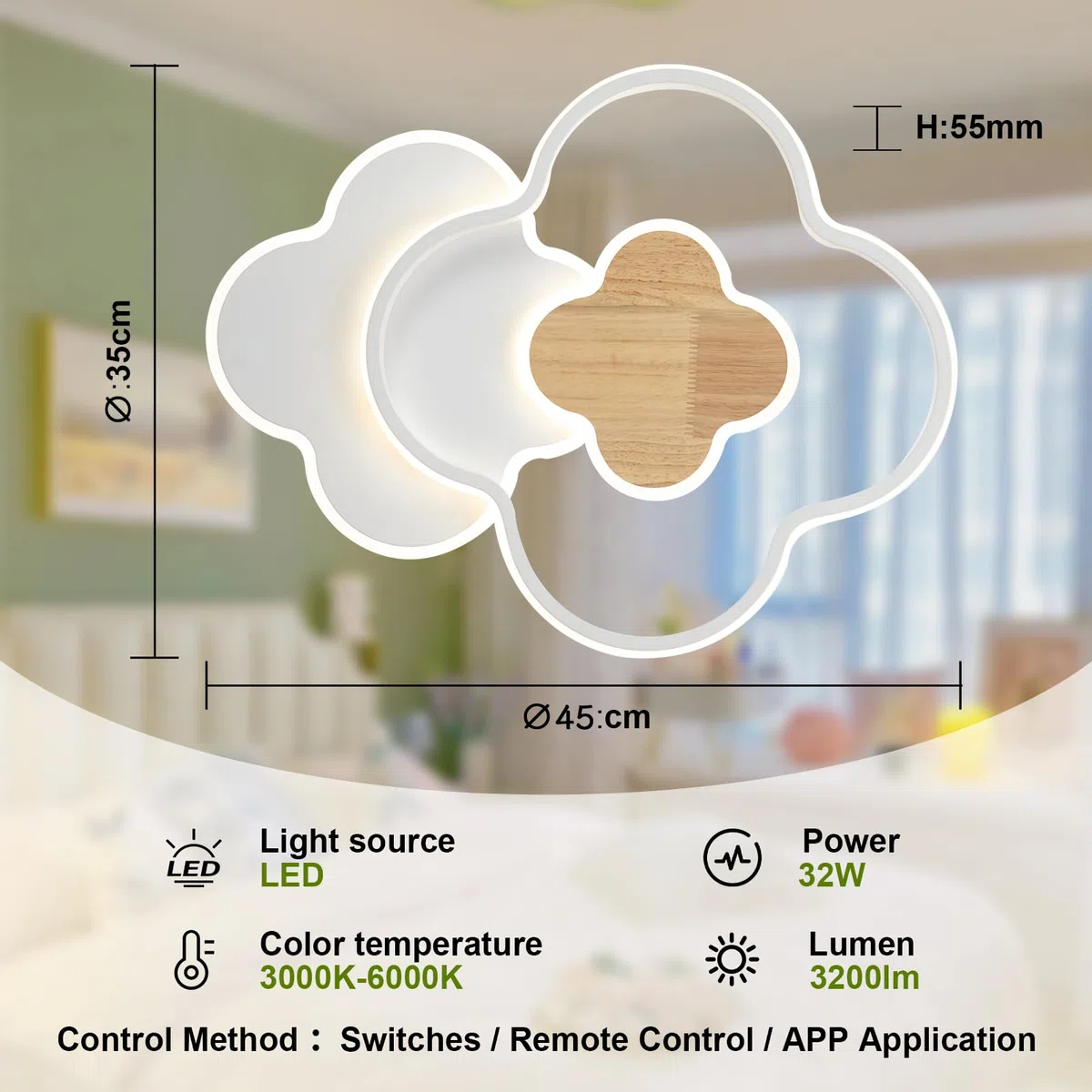 Lampadario Cameretta Bambina Plafoniera Led Soffitto, Telecomando 3000-6000K Lampadario kreative Quadrifoglio Cameretta, Lampade Cameretta Bambina Soggiorno Camera da Letto Bambino (45CM)