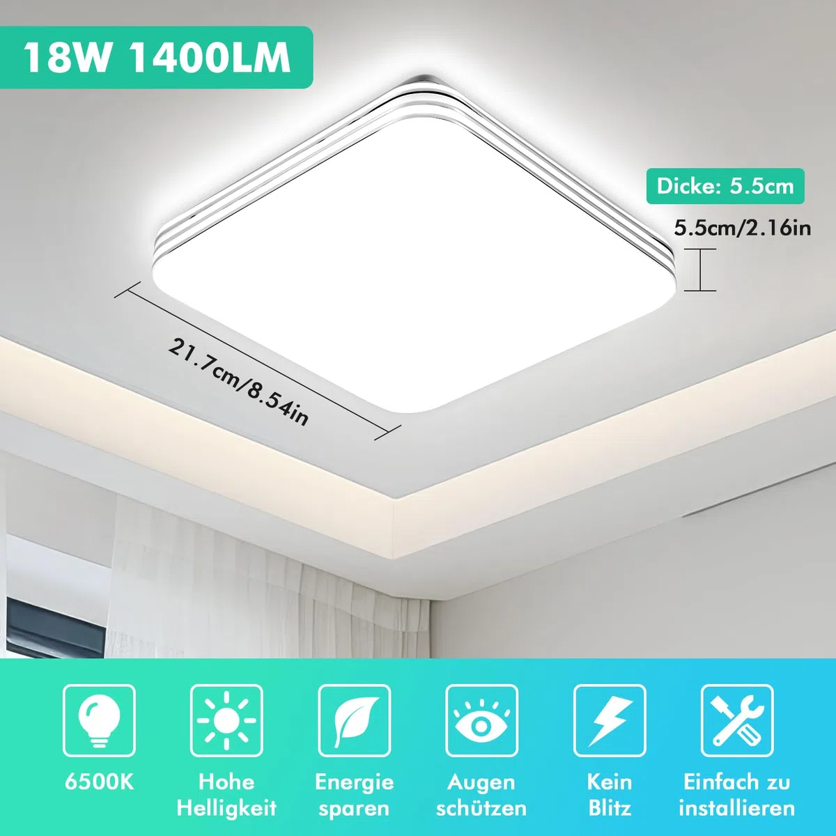 Plafoniera a LED con finiture argentate, 18W, 6500K, per corridoio, camera da letto, cucina, bagno, balcone e cantina. Ultrasottile e moderna, 21.7 cm.