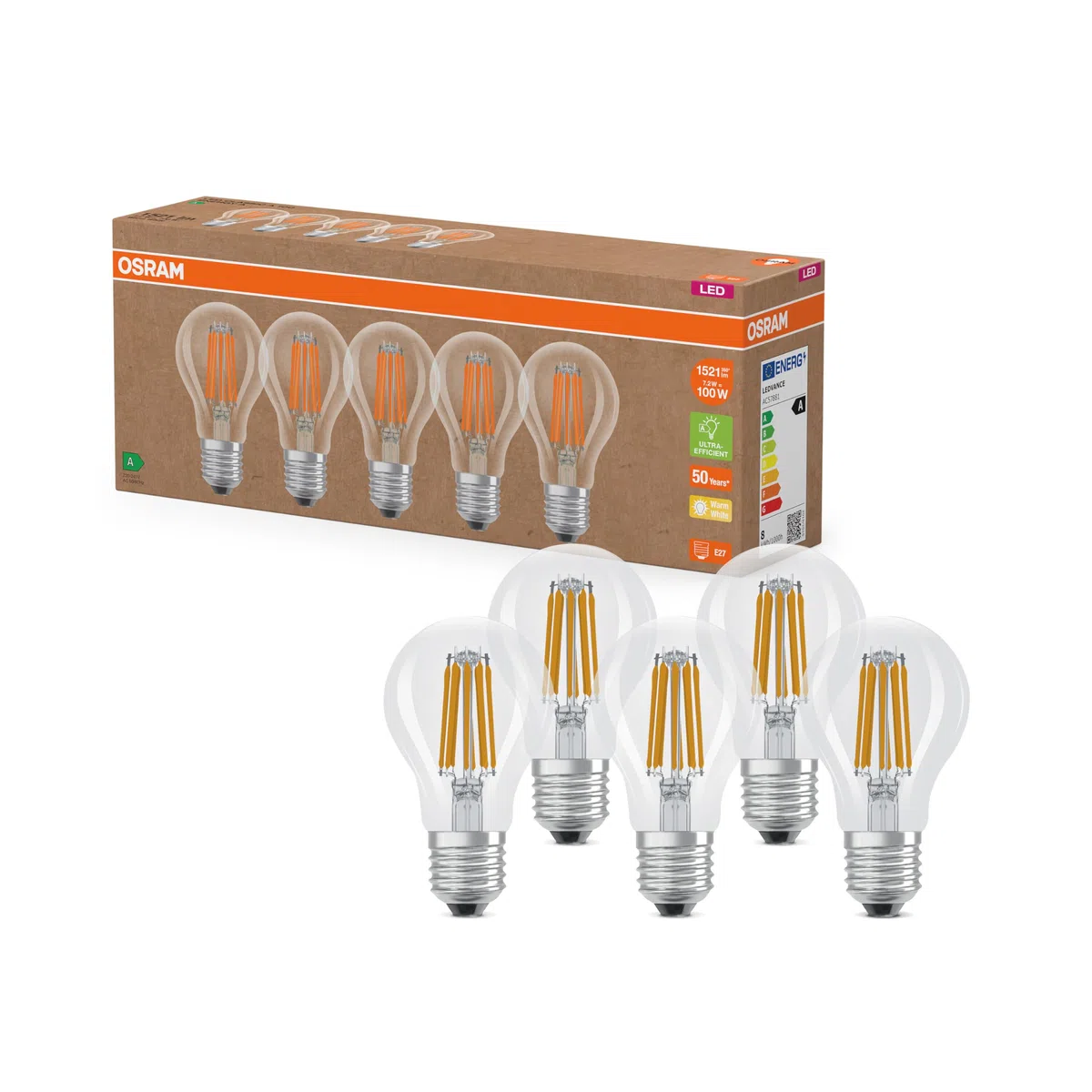 OSRAM Lampade LED ad alta efficienza con classe di efficienza energetica A, Confezione vantaggiosa con 5 lampadine, sostituzione 100W, bianco caldo (2700K), E27,vetro a filamento