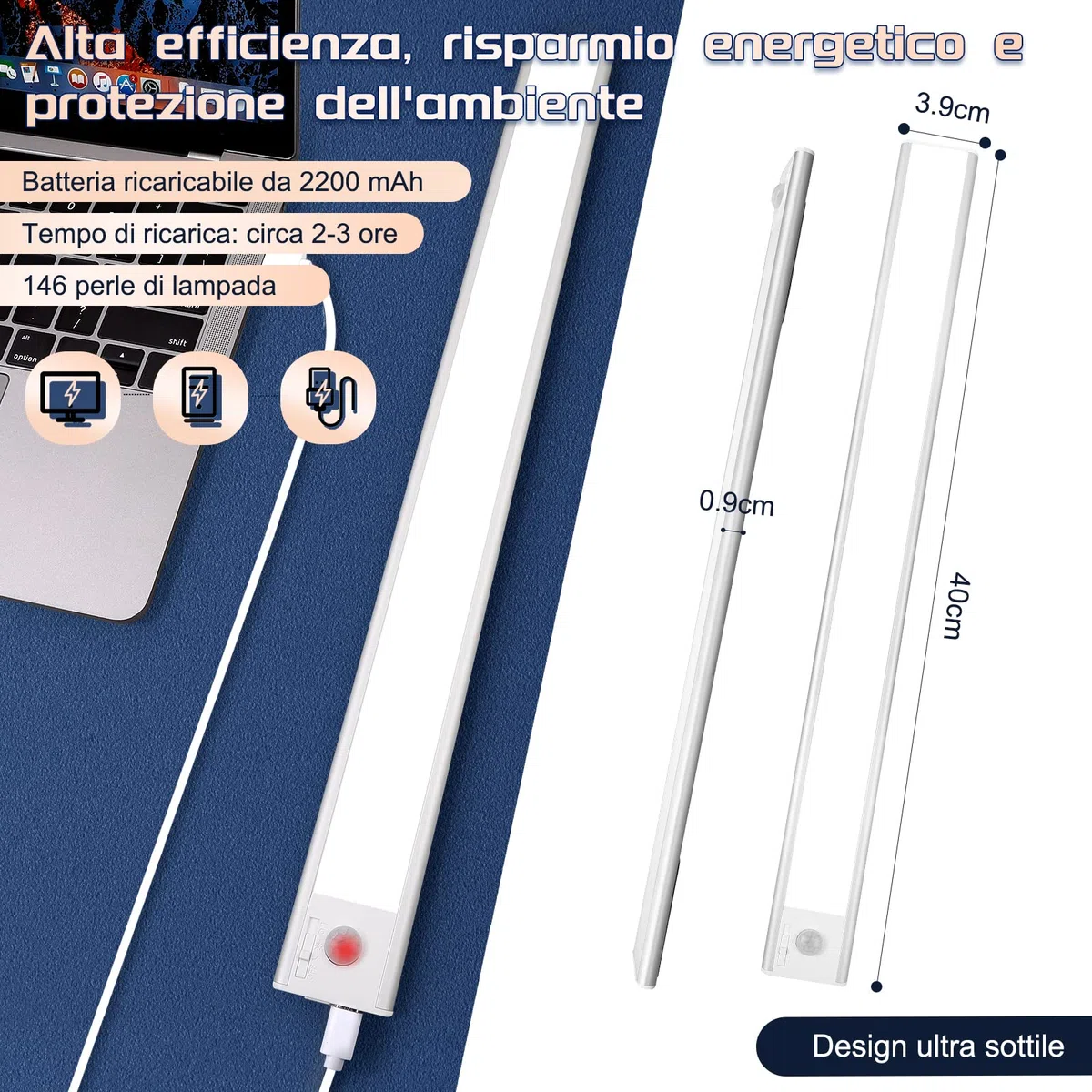 AiQInu Luce Armadio 146 LED con Sensore Movimento, USB Ricaricabile Led Sottopensile,40cm Dimmerabile Lampada Armadio con Striscia Magnetica Adesiva per Cucina, Scale, Corridoi