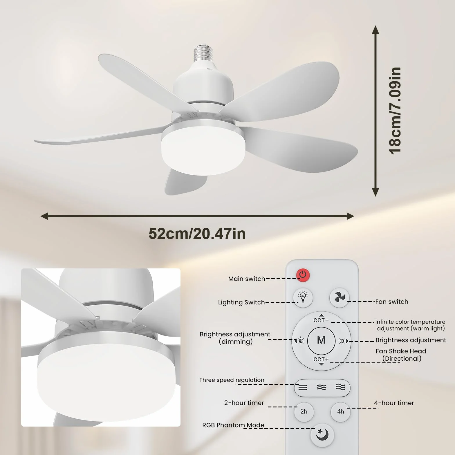 Ventilatore Da Soffitto Con Luce E Telecomando, Lampada Da Soffitto Con Ventilatore, Piccolo Ventilatore Da Soffitto Silenzioso Con 3 Vento, 3 Modalità Di Illuminazione (C-52cm)