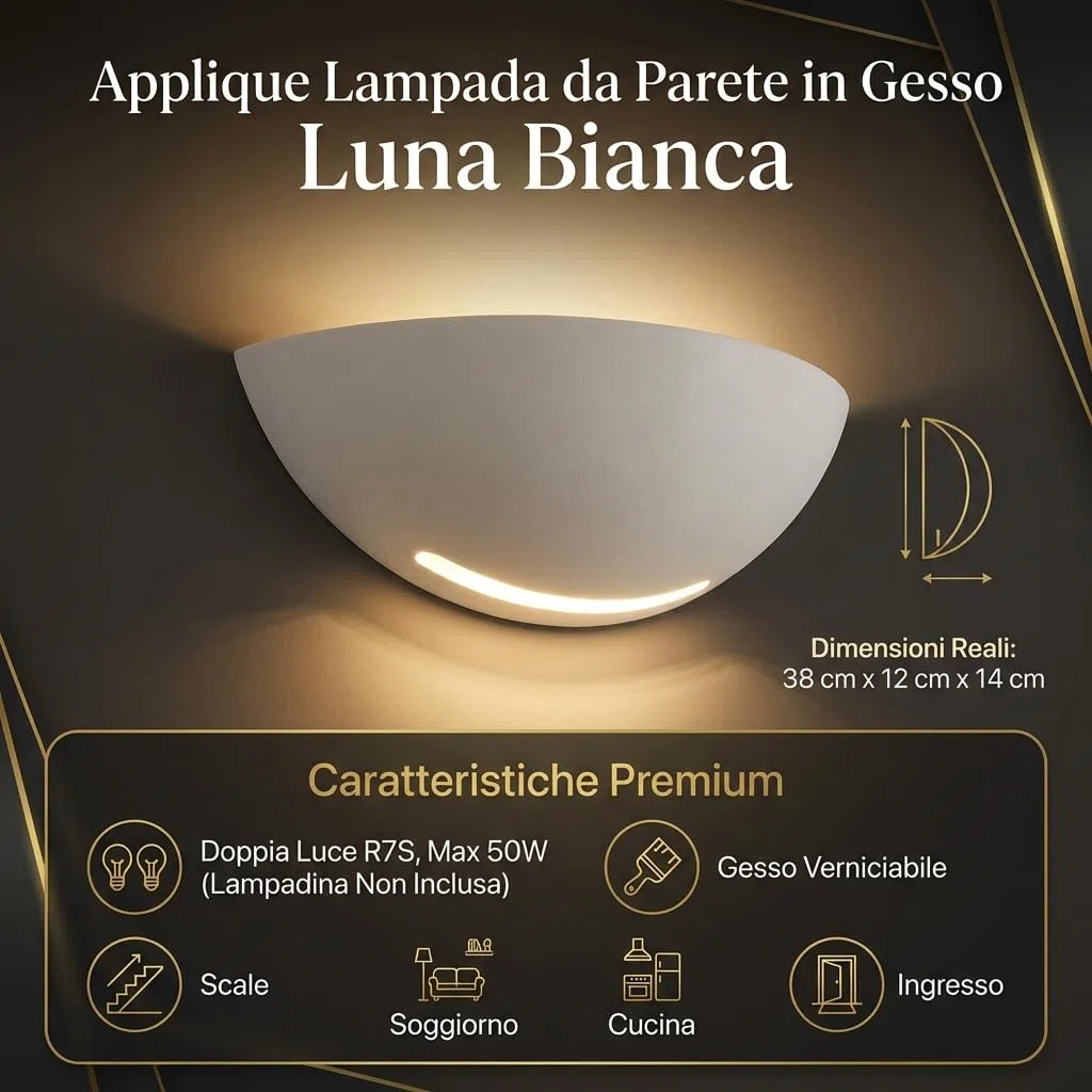 MAKA Applique Lampada da Parete in Gesso Luna Bianca, doppia luce attacco r7S max 50W(lampadina non inclusa),verniciabile per interni ideale per scale, soggiorno, cucina, ingresso