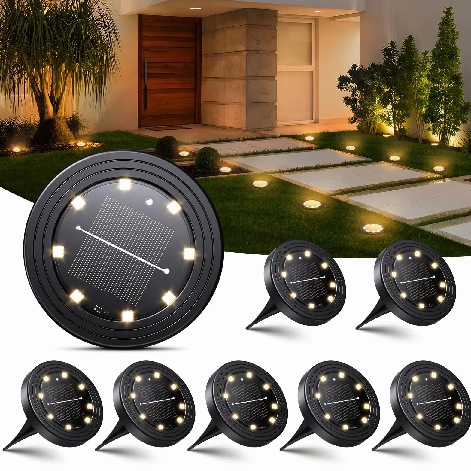NIBSHOOM 8 Pezzi Luci Solari da Giardino, IP68 Impermeabili Faretti Solari a Led da Esterno, 8 LED Lampade a Lunga Durata, Luci Esterno per Giardino, Terrazze (Bianca Calda)