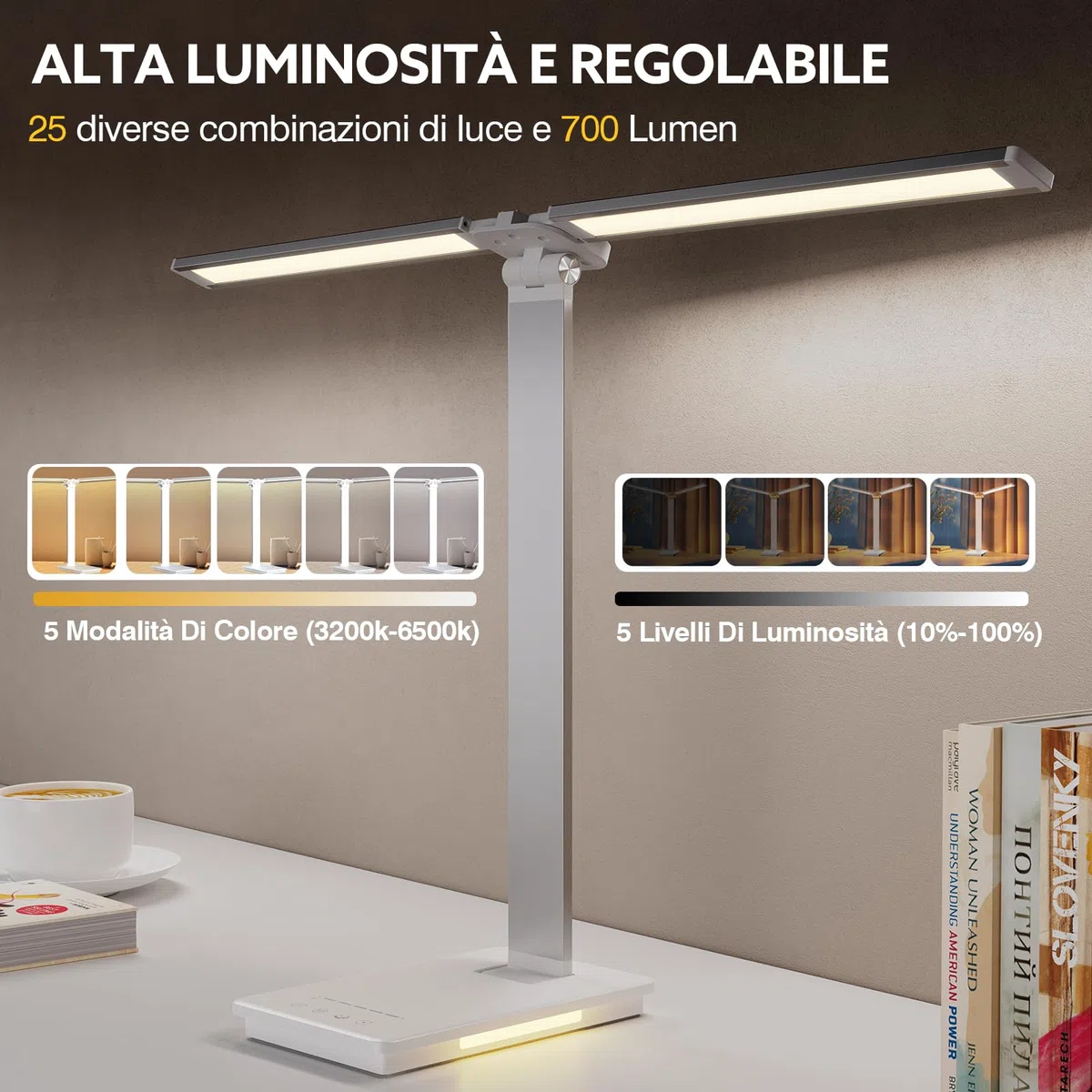 LENDOO LED Lampada Scrivania, Luce Scrivania Doppia Testa Wireless Batteria/Porte USB, 5 Modalità Colore, Luce Lettura Dimmerabile, Lampada Tavolo Touch, Per Camera, Ufficio