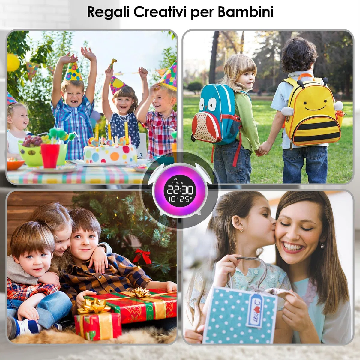 Sveglia Digitale per Bambini, Sveglia Bambini da Comodino con Doppio Allarme, 10 Colorate Luci, Snooze, Modalità Giorno della Settimana, 7 Suonerie, 12/24H per Ragazze Ragazzi