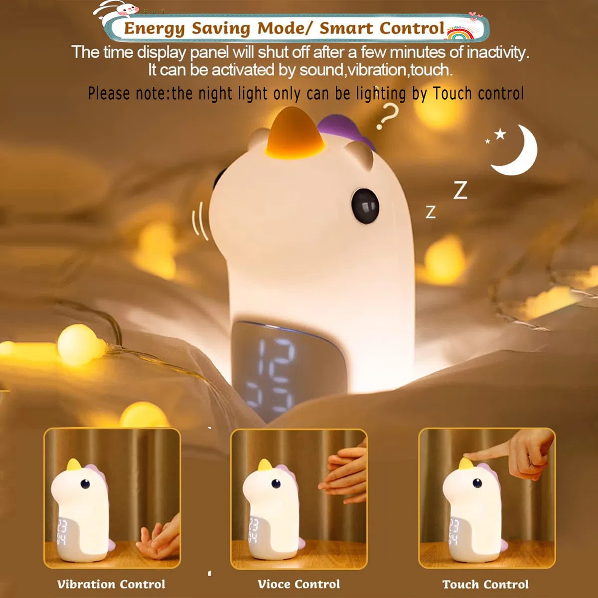 Unicorno Sveglia da Comodino con Luce Notturna Bambini, 3 Colori Dimmerabile Lampada Notturna Ricaricabile, in Silicone, Bel Regalo di Compleanno di Natale per Neonato, Bambina, Blu