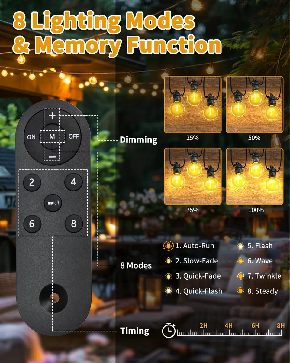 Bowfar Catena Luminosa Esterno Solare, 15M 25 + 2 G40 Lampadine Luci Solari da Giardino con Telecomando, Impermeabile IP68 Luci Gazebo Solari per Balcone, Terrazza, Feste, Giardino, Patio, Matrimonio