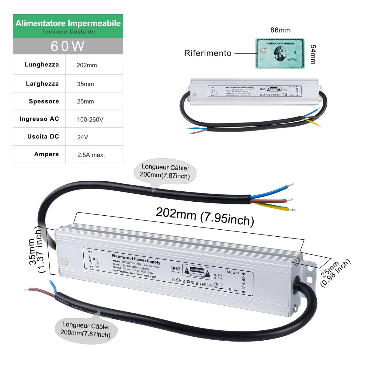 REYLAX Trasformatore LED 24V 60W Alimentatore 2.5A Impermeabile IP67 Driver LED AC 100-260V a DC 24V Trasformatori da Esterno Adattatore Led a Tensione Costante Power Supply Bassa Tensione