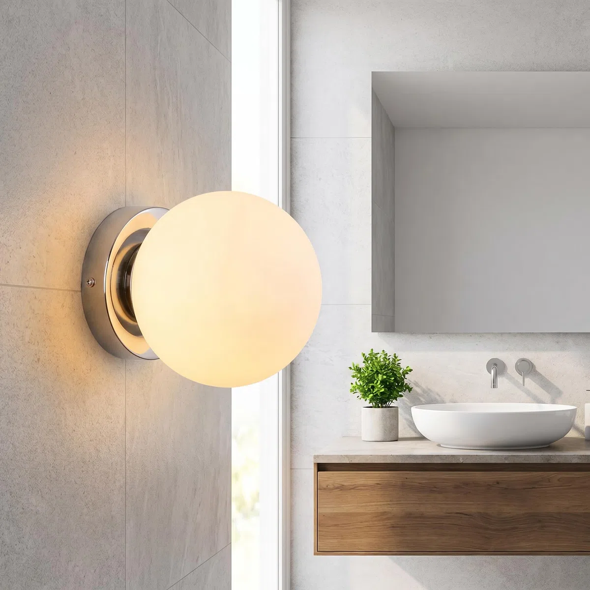 BARCELONA LED Applique da Parete Sfera Vetro AVA IP44 E27, Lampada Parete Globo in Vetro Opale, Illuminazione Bagno e Interni Design Classico Moderno Cromato Decorativo Parete Soffitto