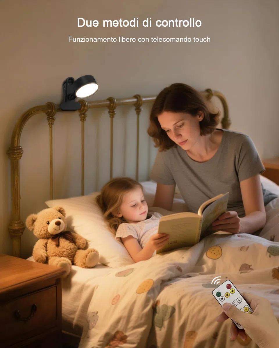 LED Lampada con Pinza Senza Fili con Ricaricabile Batteria da 5000mAh, Lampada da Lettura con Pinza con Dimmerabile & 3 Temperature Colore, USB Lampada con Pinza per Letto Tocco & Telecomando