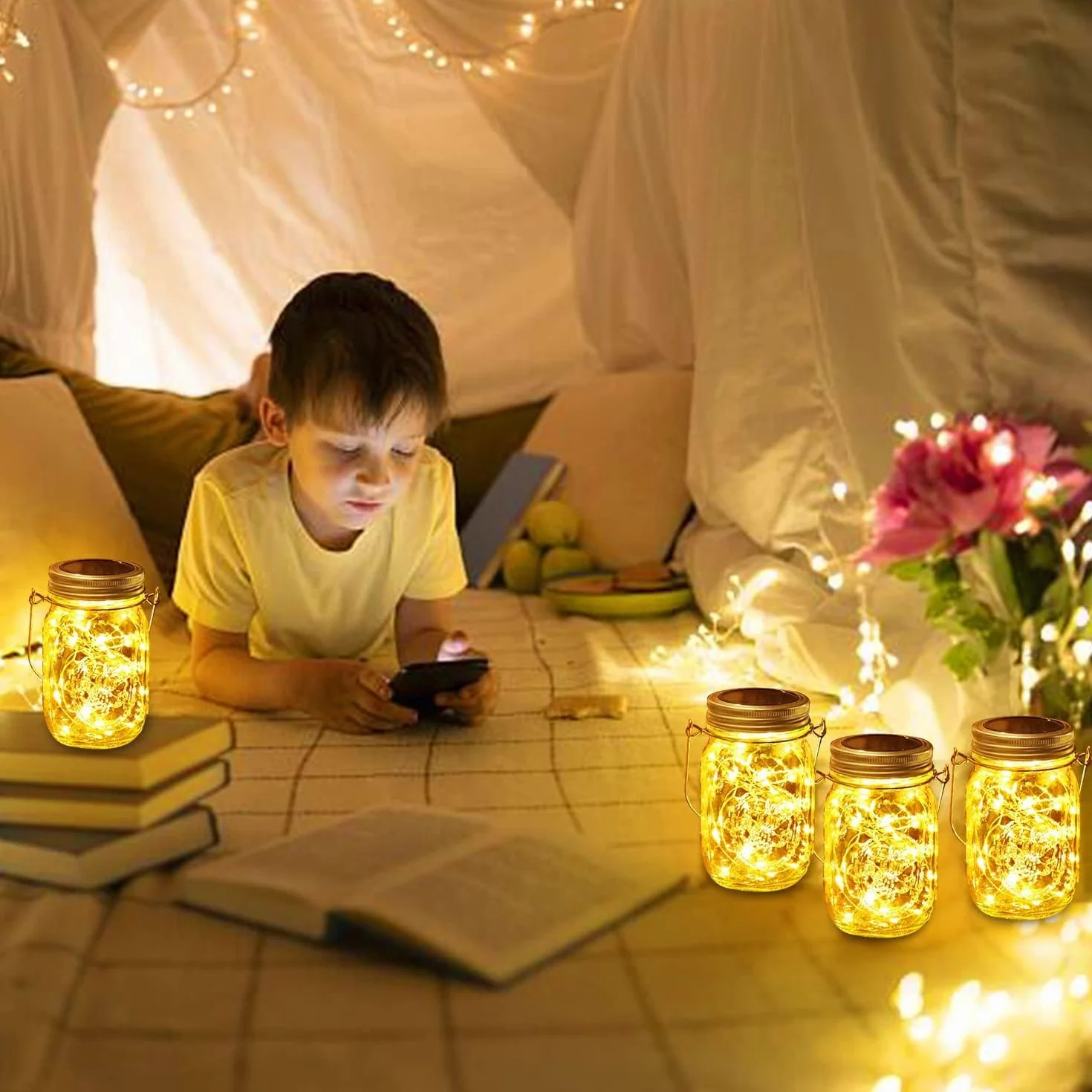 Luci Solari Giardino - 3 Pezzi Lampada 30 LED da Esterno Impermeabile barattolo Natale Feste Camera da Letto Decorazioni (Bianco caldo)