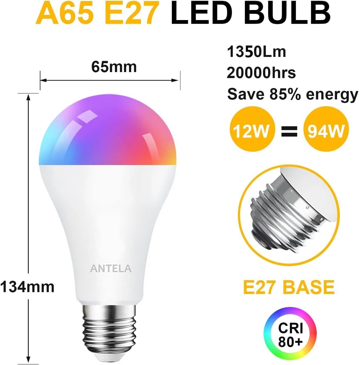 ANTELA Lampadine LED Alexa Inteligente WiFi E27 12W 1350LM, Dimmerabile Lampadina Smart, 94W equivalente, RGB & 2700K-6500K bianco freddo caldo, compatibile con Alexa/Google Home, 2 pezzi
