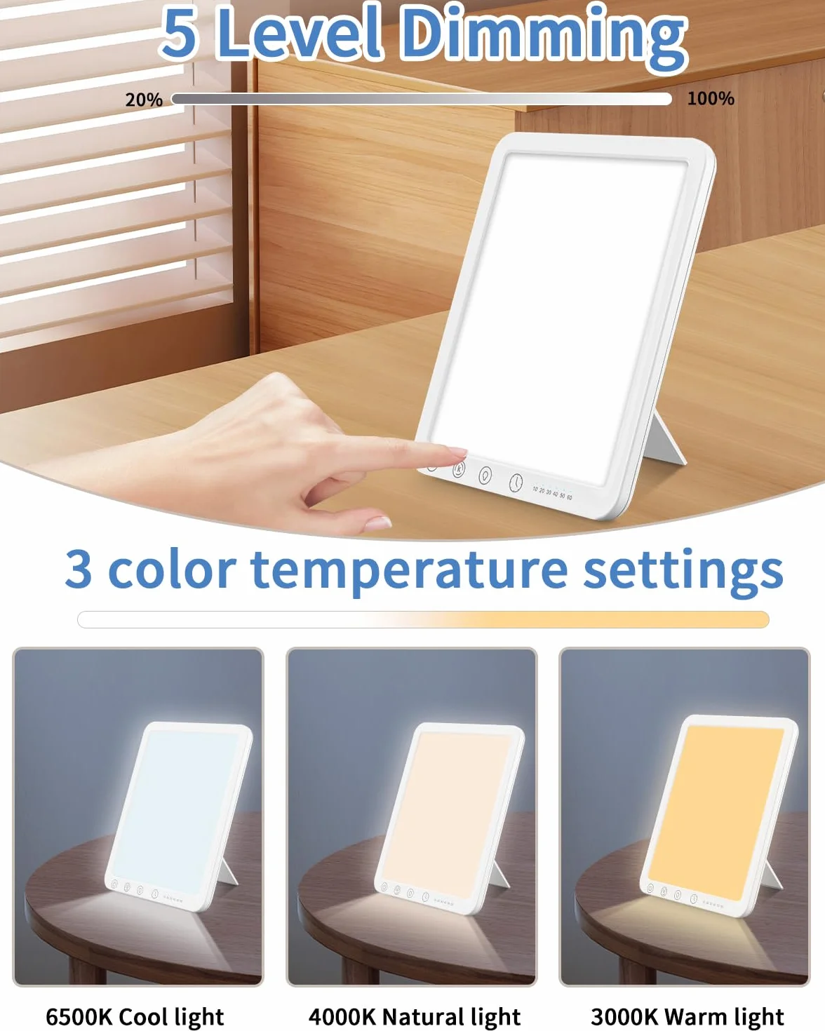 Lampada a luce diurna 10000 LUX, lampada per terapia della luce con 3 temperature di colore, 10 livelli di luminosità e 6 timer, lampada LED a diurna senza raggi UV con