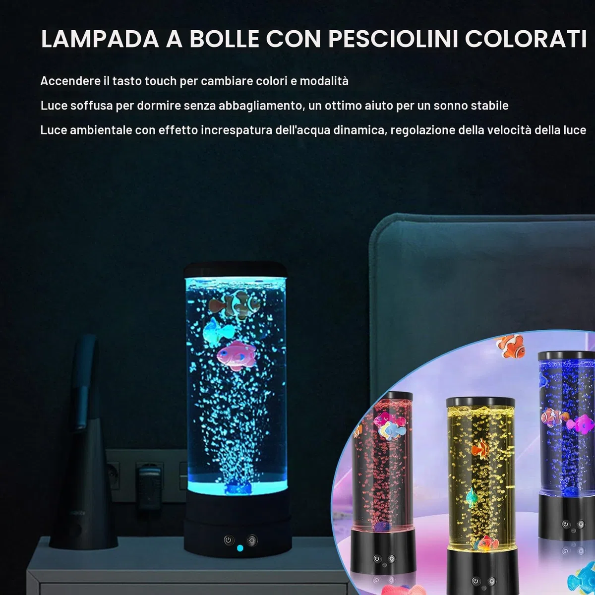 Lampada Lavica a Bolla Con Pesce - Telecomando, 16 Colori e 4 Modalità - Acquario d'Atmosfera LED Con Cavo USB per Casa, Camera da Letto