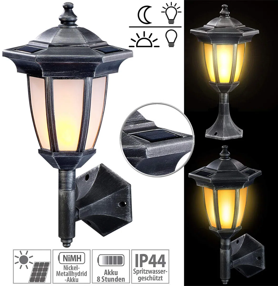 Lunartec Illuminazione Esterna: Lanterna da Terra e da Parete Solare a LED, Effetto Fiamma, IP44 (Lampada Solare LED Giardino, Illuminazione Decorativa Giardino, Fiamma)