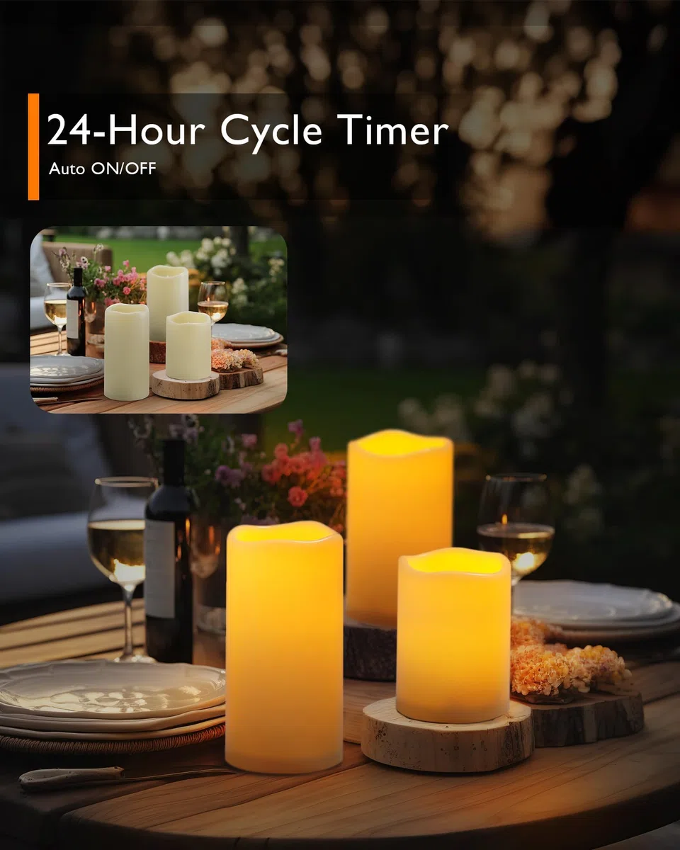 AMAGIC Candele senza fiamma, impermeabili, a batteria, con telecomando e timer, a lunga durata, set da 3
