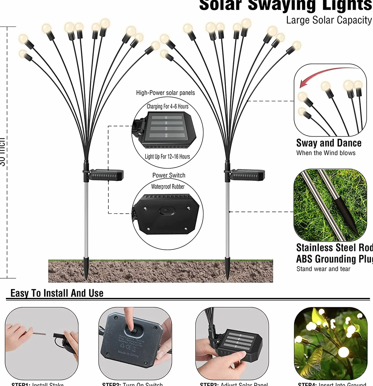 Kizozo Firefly Luci Solari da Esterno Giardino 4PACK 40 LED, Ornamenti Decorazioni da Giardino IP65 Impermeabile, Luci Solari da Esterno, Bianco Caldo