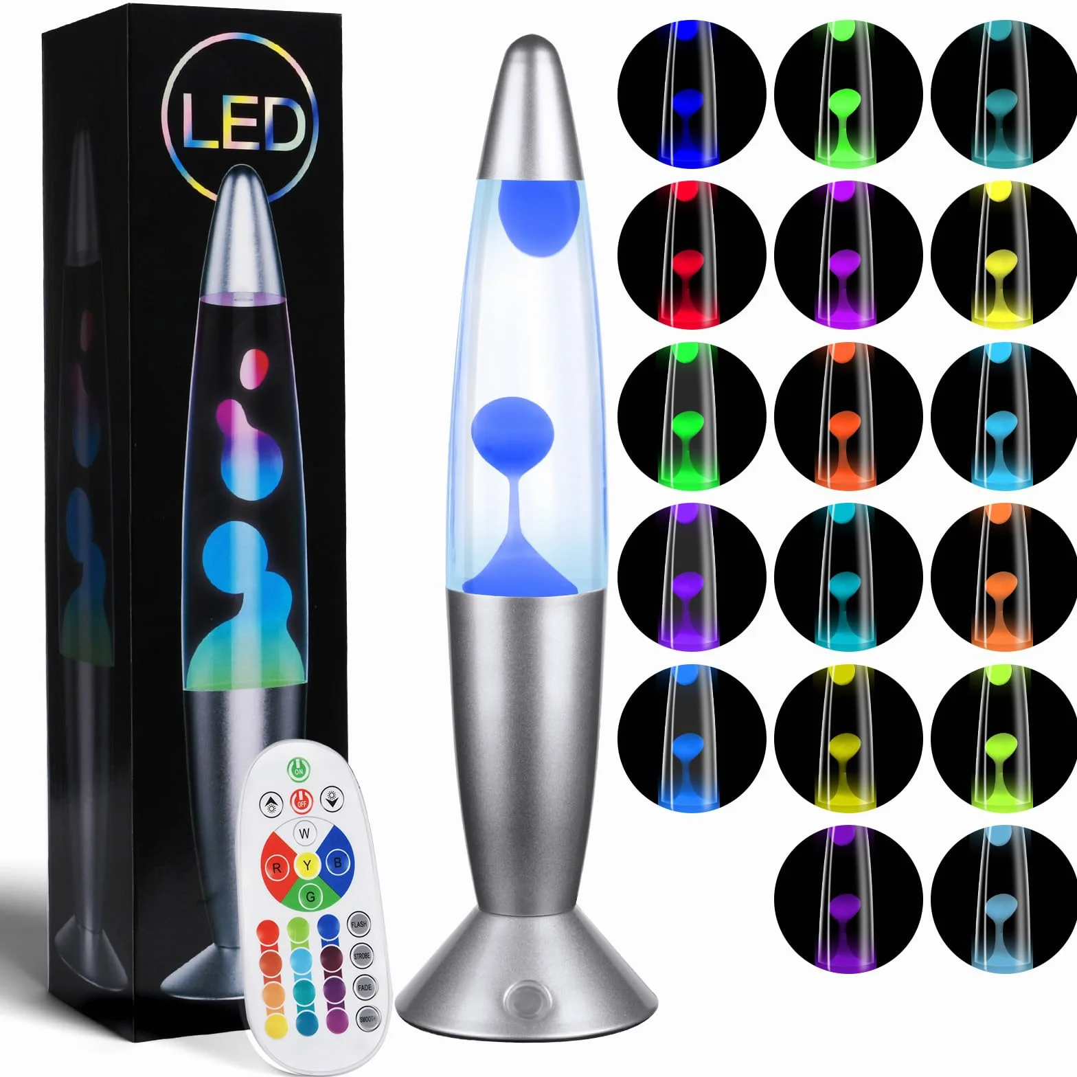 HOTUT Lampada Lava LED Rilassante, Lava Lamp Colorata 35.5cm con Telecomando, 17 Colori Lampada a Movimento Liquido, Cera Bianco, Liquido Trasparente, per Bambini Adulti Decorazione di Casa