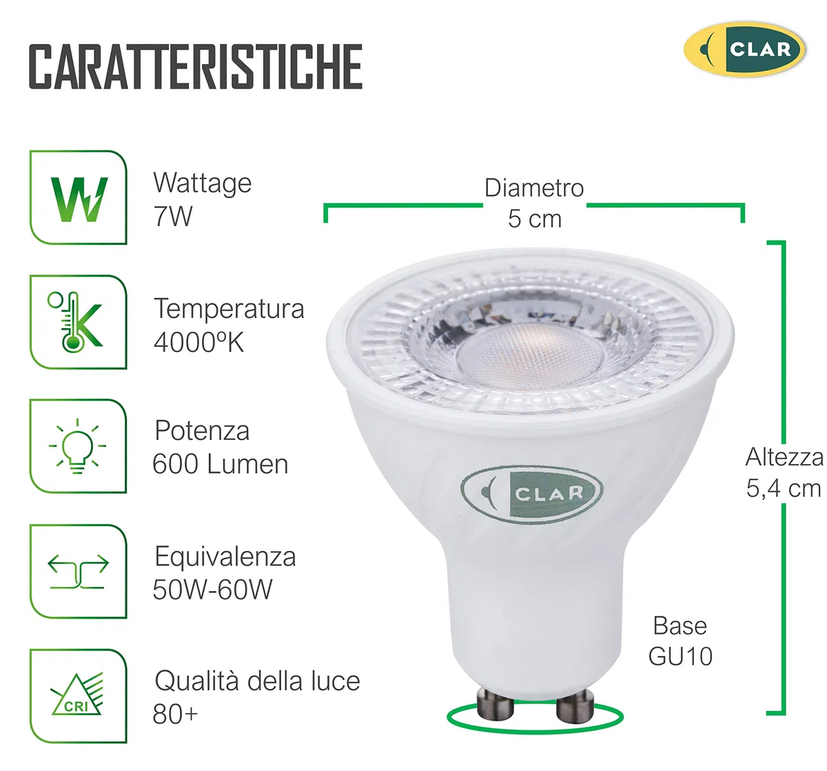 CLAR - GU10 LED 4000K, Lampadine GU10 Luce Naturale, 7W (Pack 10)