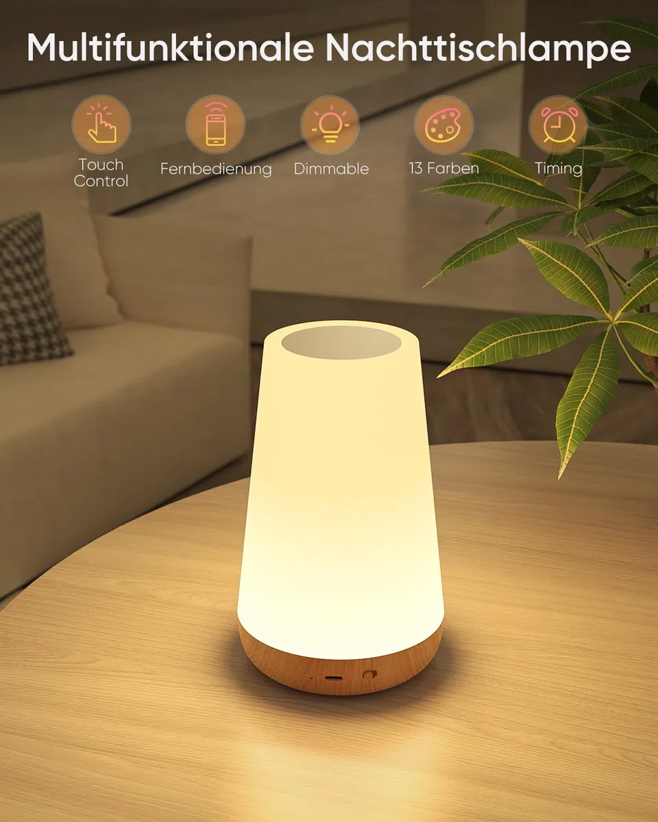 Bonsery Set di 2 lampade da comodino LED Touch dimmerabile USB ricaricabile con telecomando, luce notturna per bambini con 13 colori, 3 modalità, lampada da tavolo senza fili con timer per camera da