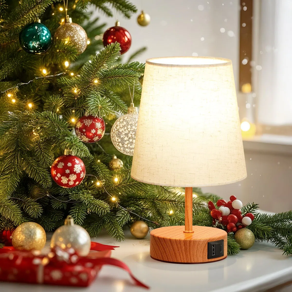 Lampada da Comodino Touch con Porte di Ricarica USB-C+A, Dimmerabile a 3 Vie, Paralume in Lino Base in Legno Scuro, Piccola Lampada da Tavolo per Camera da Letto Soggiorno Ufficio