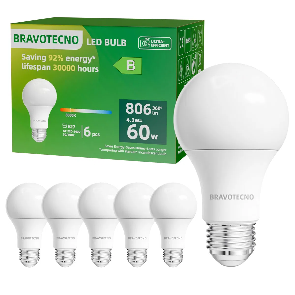 Lampadine LED E27, Classe Energetica B, E27 LED Luce Calda 3000K, 4,3W 806LM A60, Equivalente a 60W, Angolo di Illuminazione 360°, Non Dimmerabile, Basso Calore & Lunga Durata, 6 Pezzi