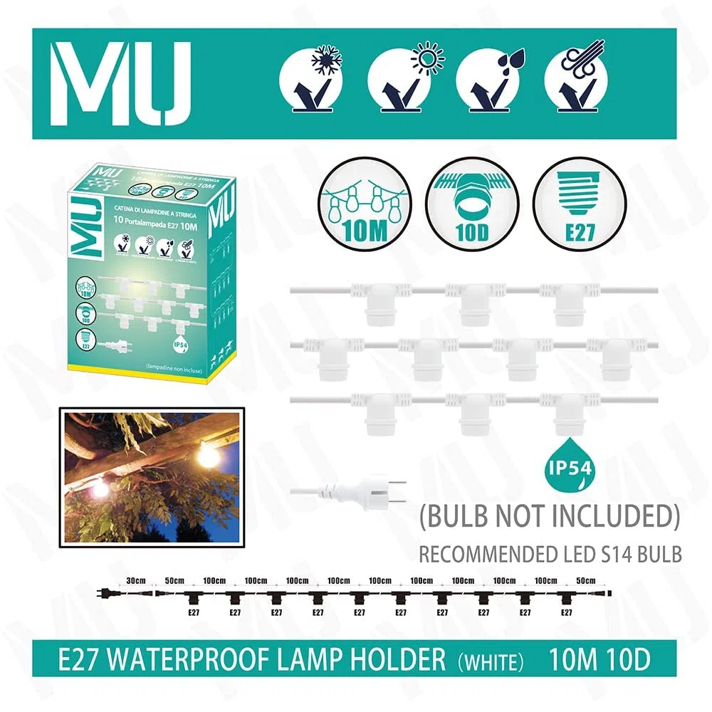m MU 10Metri Catena Luminosa da Esterno, 10 Portalampade E27 Cavo Bianco Prolungabile fino a 100m, IP54 Impermeabile per Giardino, Terrazzo, Feste e Matrimonio - 10Metri Bianco