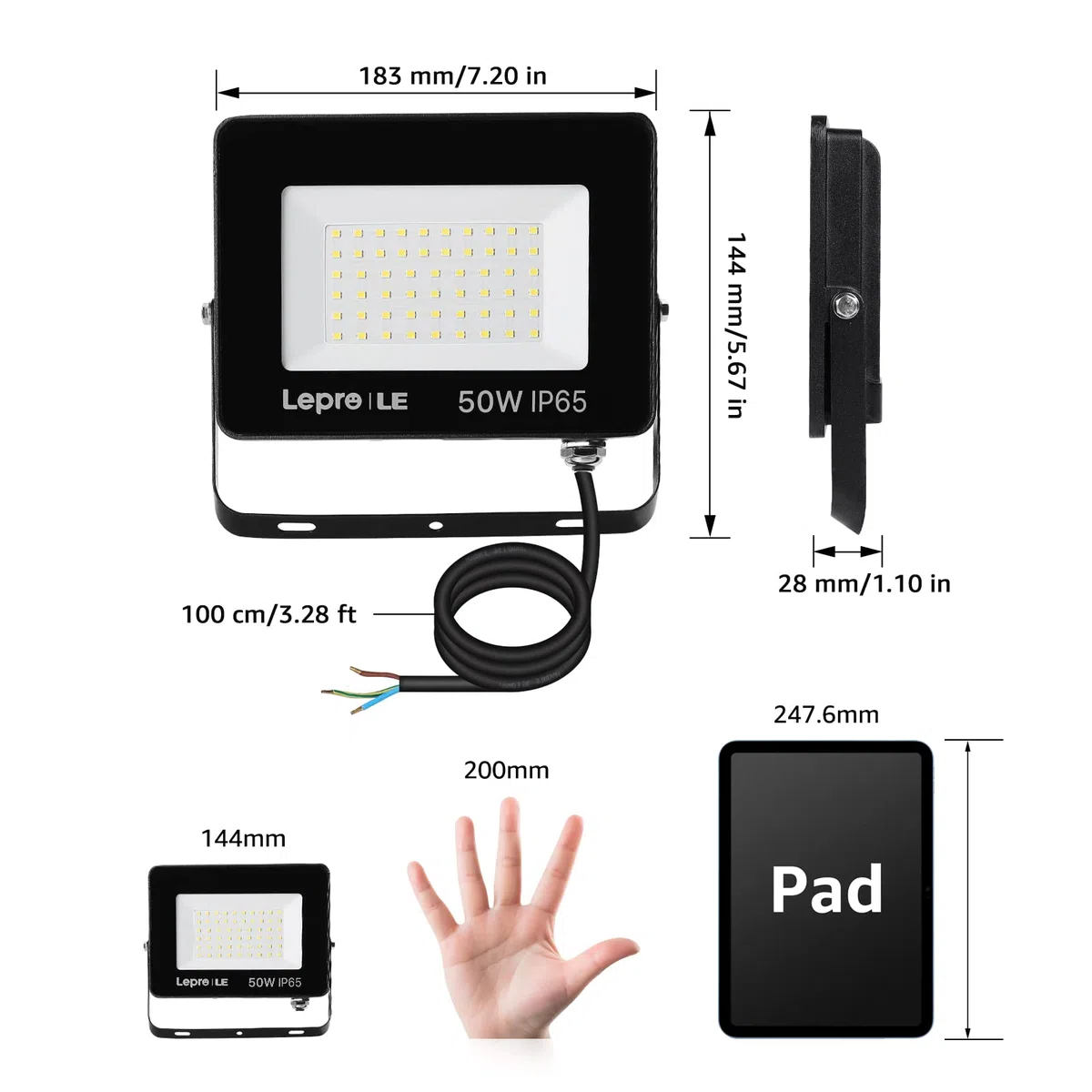 Lepro Faretto LED da Esterno 50W, Faro LED Esterno Impermeabile IP65, Proiettore 4250 Lumen Bianca Naturale 5000K Super Luminosa, Luci di Sicurezza per Terrazza, Giardino, Corridoio, Garage