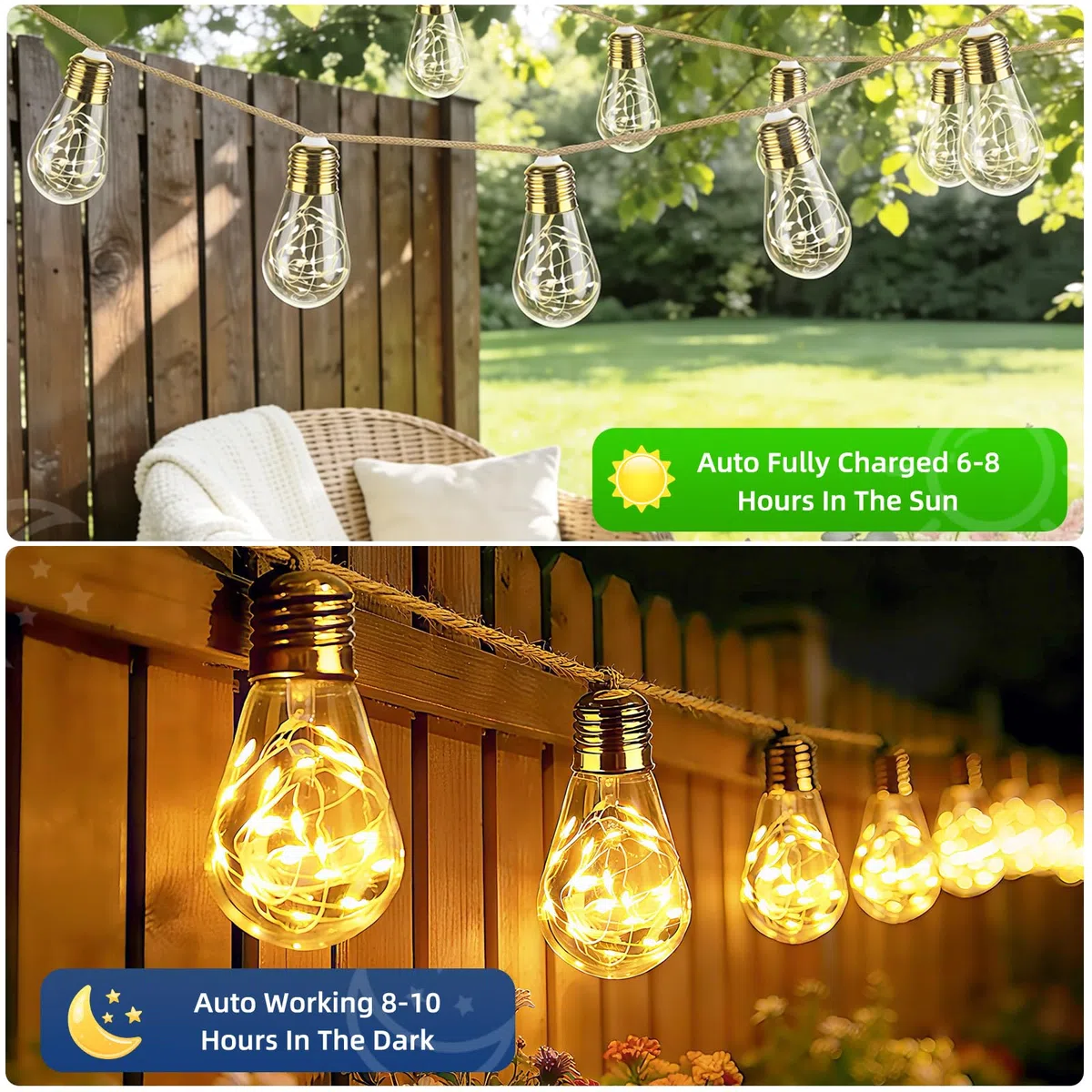 Caldarax 8M 16 LEDs Catena Luminosa Esterno Solare, Corda di Canapa Luci Solari Esterno, 8 Modalità, IP65 Impermeabile, Decorazione per Giardino, Cortile, Patio, Albero, Natale(Bianco Caldo)