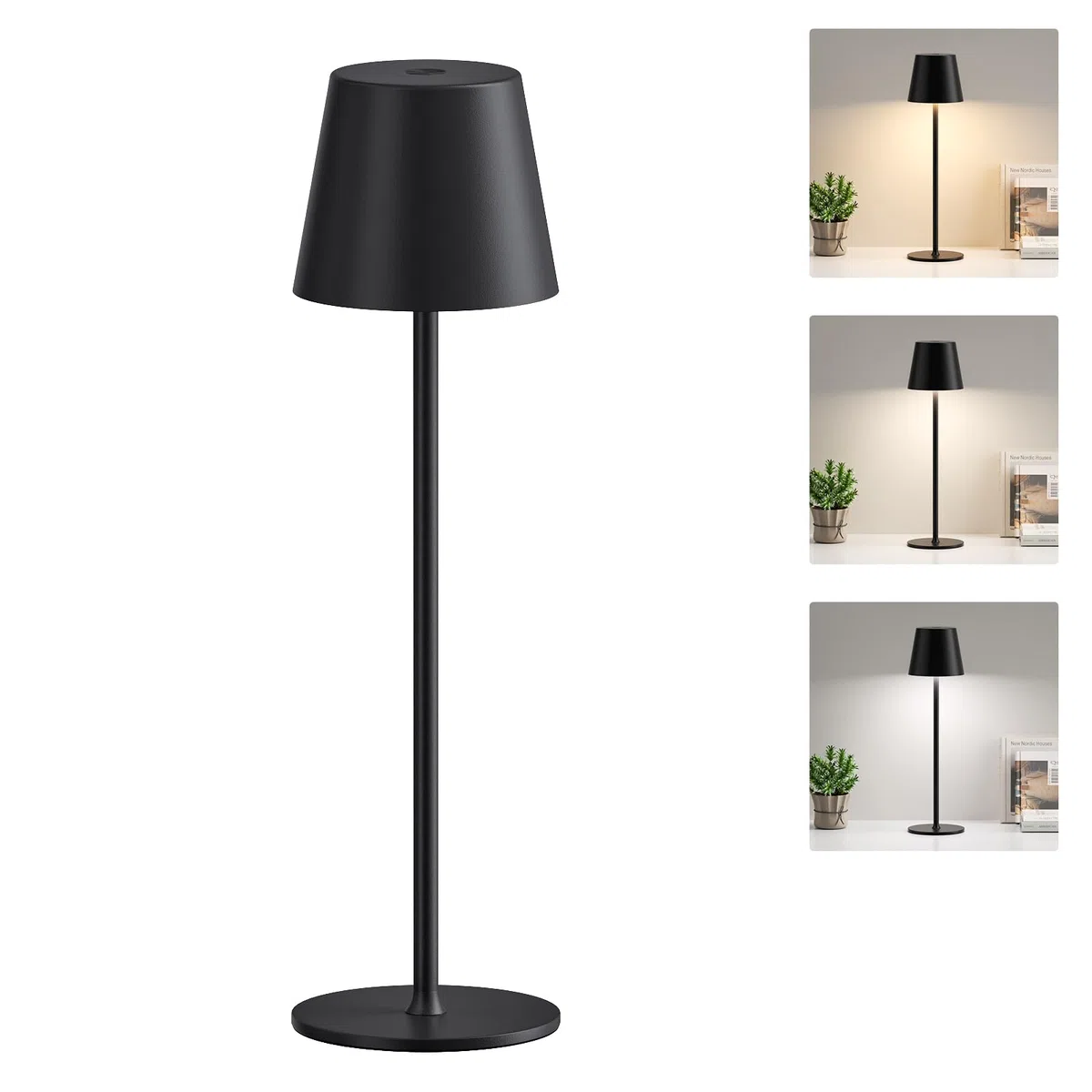 Lampada da Tavolo Senza Fili LED Dimmerabile, 3 Modalità di Colore, Lampada da Comodino Touch Ricaricabile per Camera da Letto, Soggiorno, Campeggio all'aperto Esterno Verande(Nero)
