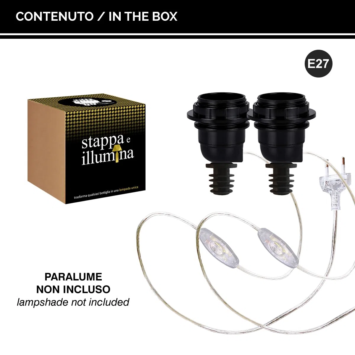 Standard | Trasforma Bottiglie in lampade in 30 Secondi, Bottiglia con foro da 15 a 22 mm, Magnum - Portalampada E27 - per Kit Lampada Bottiglia (2 pcs)