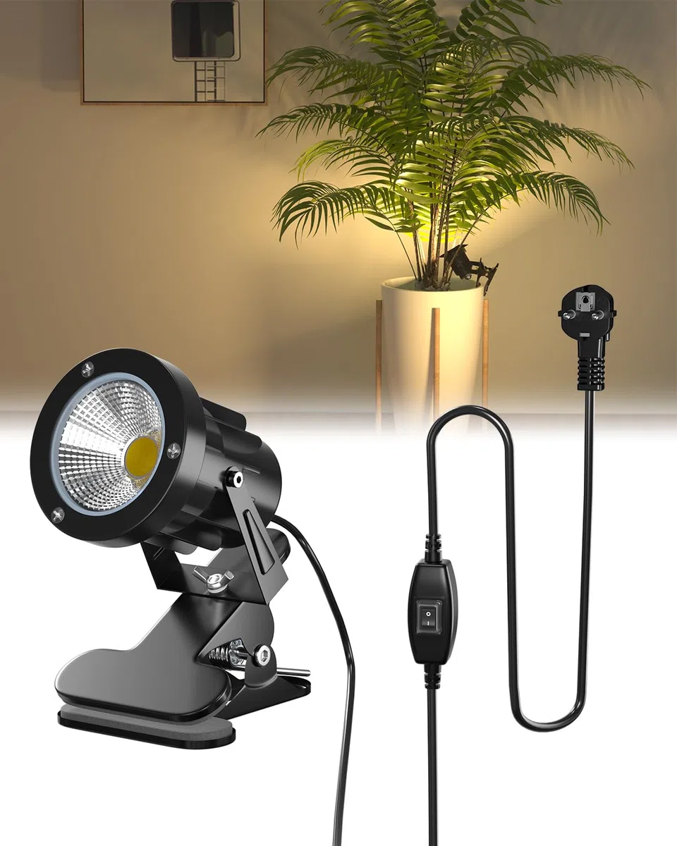 LED Faretto Morsetto a Pinza con Spina, IP65 Resistente all'Acqua Faretto da Interno e Esterno per Pianta, 7W Lampada Spot LED con Interruttore On/Off, Bianco Caldo 3000K, Cavo da 1,78 m
