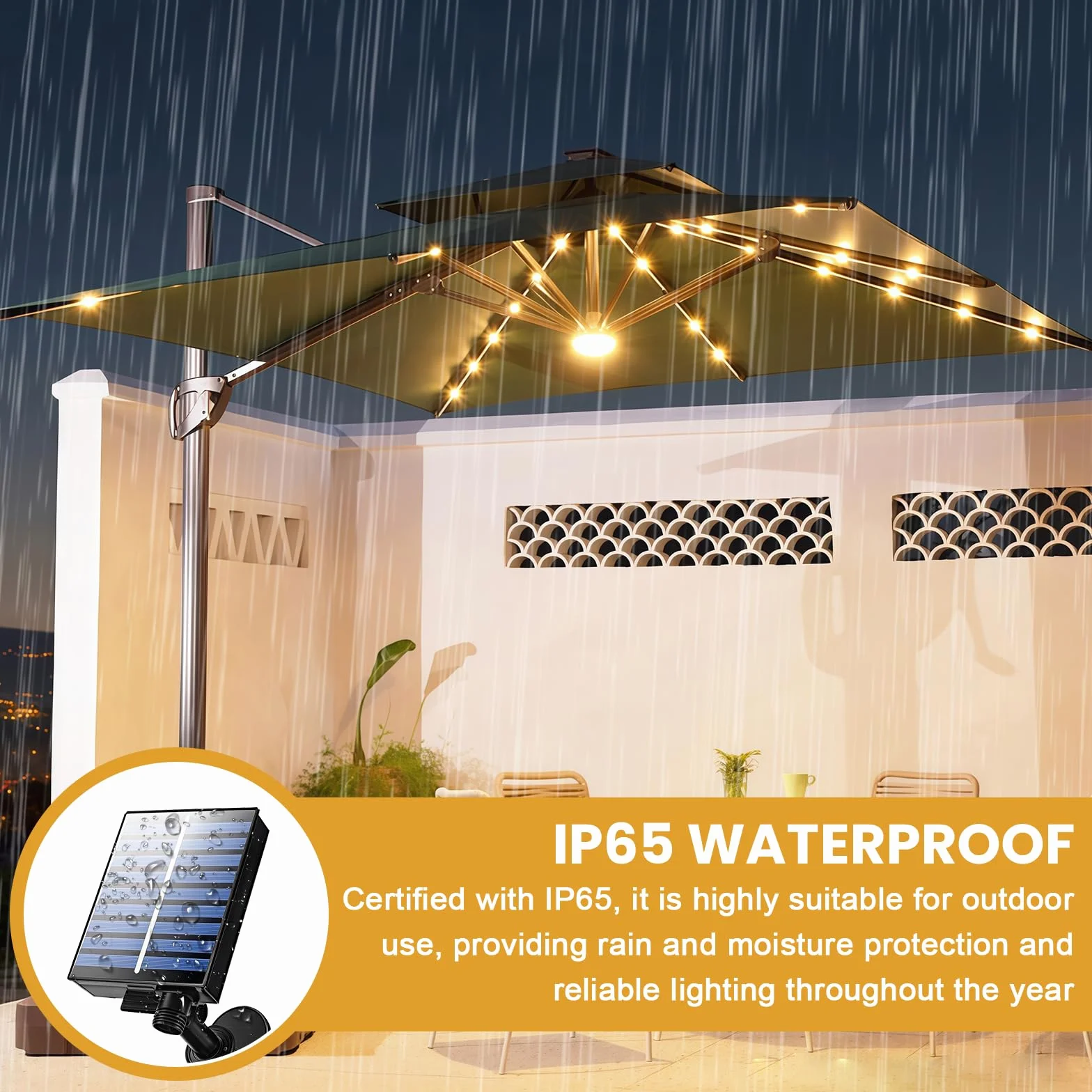 PORFOYO Catena di luci per ombrellone solare, illuminazione con telecomando, 8 modalità, 104 LED, luci per ombrello, IP67, impermeabili da giardino