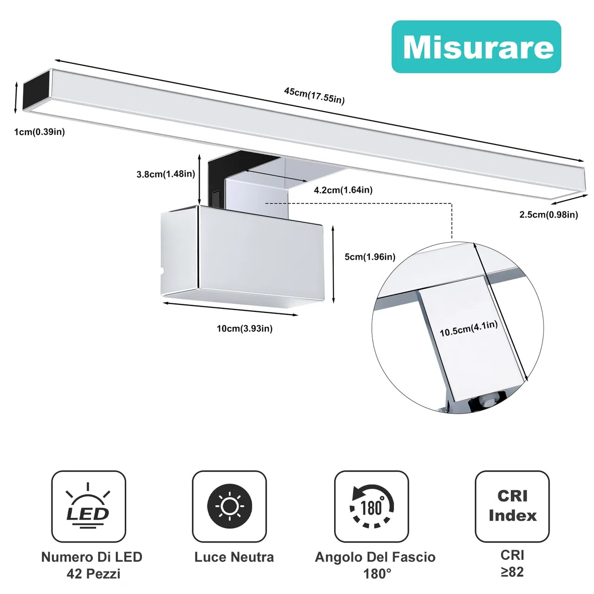 Lampada LED per specchio da, 8W 45 cm 230 V Luce neutra 4000K, Lampada da bagno moderna per luce da trucco, Lampada da mobile Luce da parete per bagno. IP 44 Impermeabile alluminatura