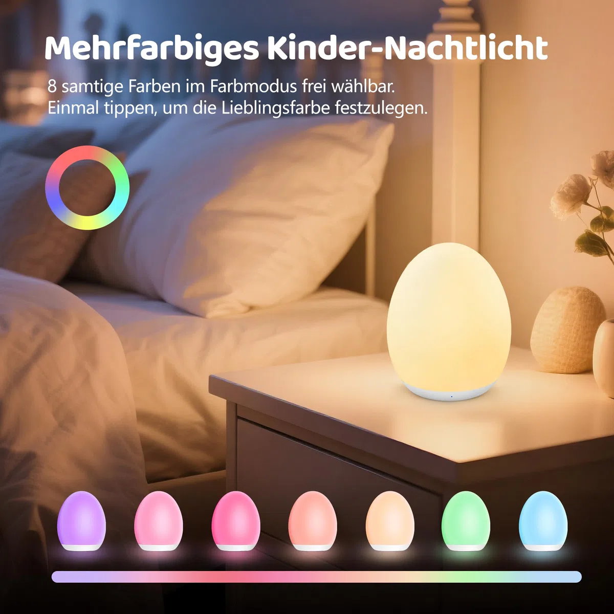MediAcous Luce Notturna LED Neonati Bambini con Timer, Luce da Allattamento con 8 Cambi di Colore e Funzione Dimmer, Luce Notturna USB Ricaricabile con Timer da 1 Ora e Controllo Touch