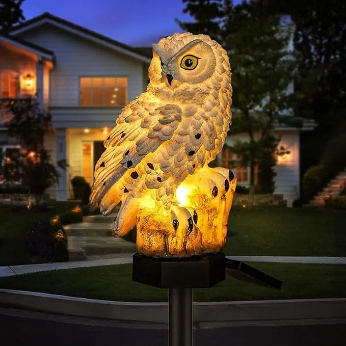 Hoofun Luci solari gufo, impermeabili, lampada a LED ad energia solare, ornamenti per cortile, patio e giardino paesaggio illuminazione (bianco)