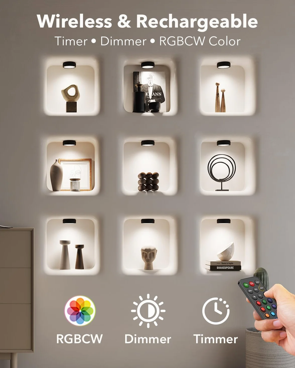 Faretti LED RGB a Batteria Ricaricabili USB, Nero 2400mAh Luce Vetrina Senza Fili a pile Luci Armadio con Telecomando e Pulsante Luce Cucina Sottopensile Colorata Lampada Notturna Adesiva Touch