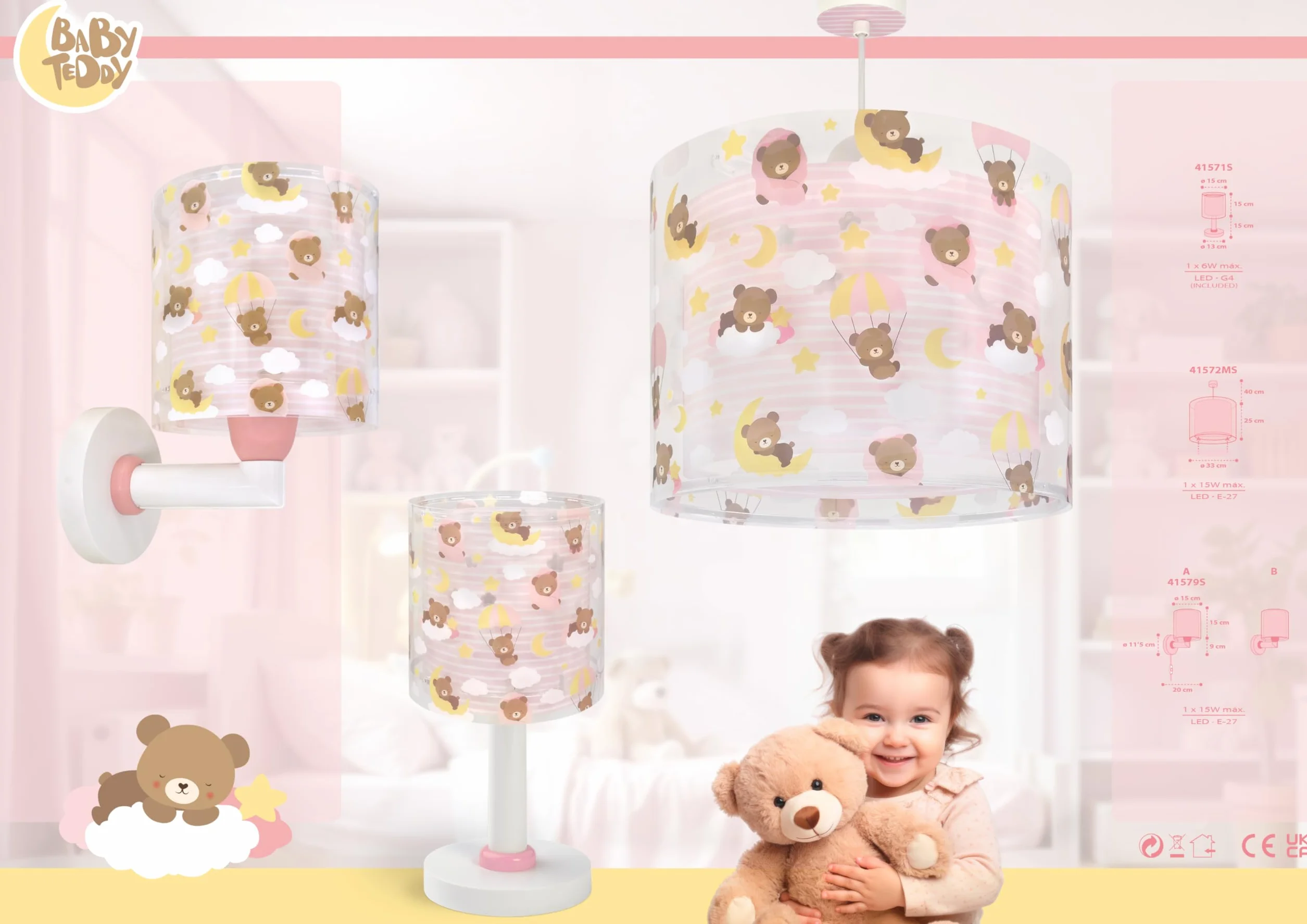 Dalber Lampada da tavolo per bambini, luce da comodino e da notte Baby Teddy Bears Clouds Pink, 41571S, G4-4W LED - Lampadina inclusa