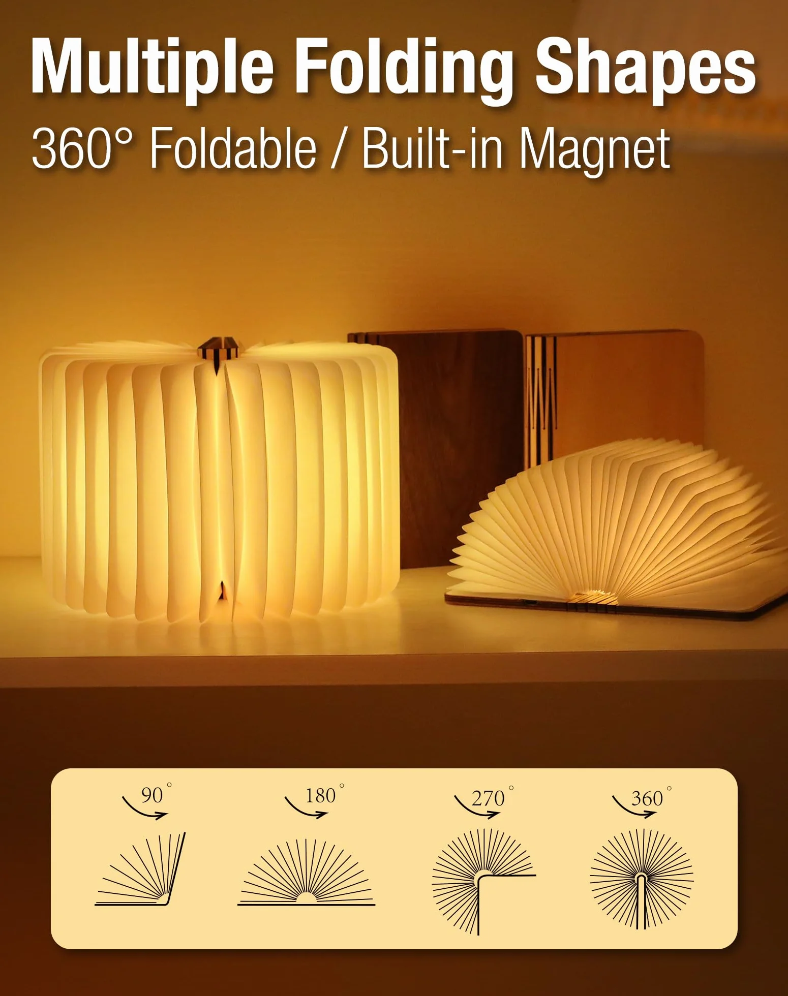 Lampada da Libro in Legno, Lampada Pieghevole a 3 Colori, Luce Ambientale LED con USB-C, Regalo di Natale e Compleanno (12 cm in Noce)