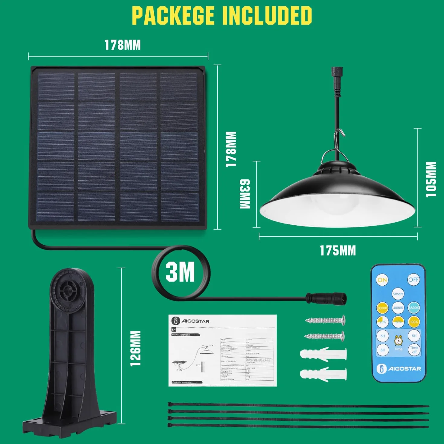Aigostar-Lampada solare da esterno con telecomando，dimmerabile lampadario solar con timer，resistente alla pioggia IP65，Batteria di grande capacità， luce solari con cavo da 3 m