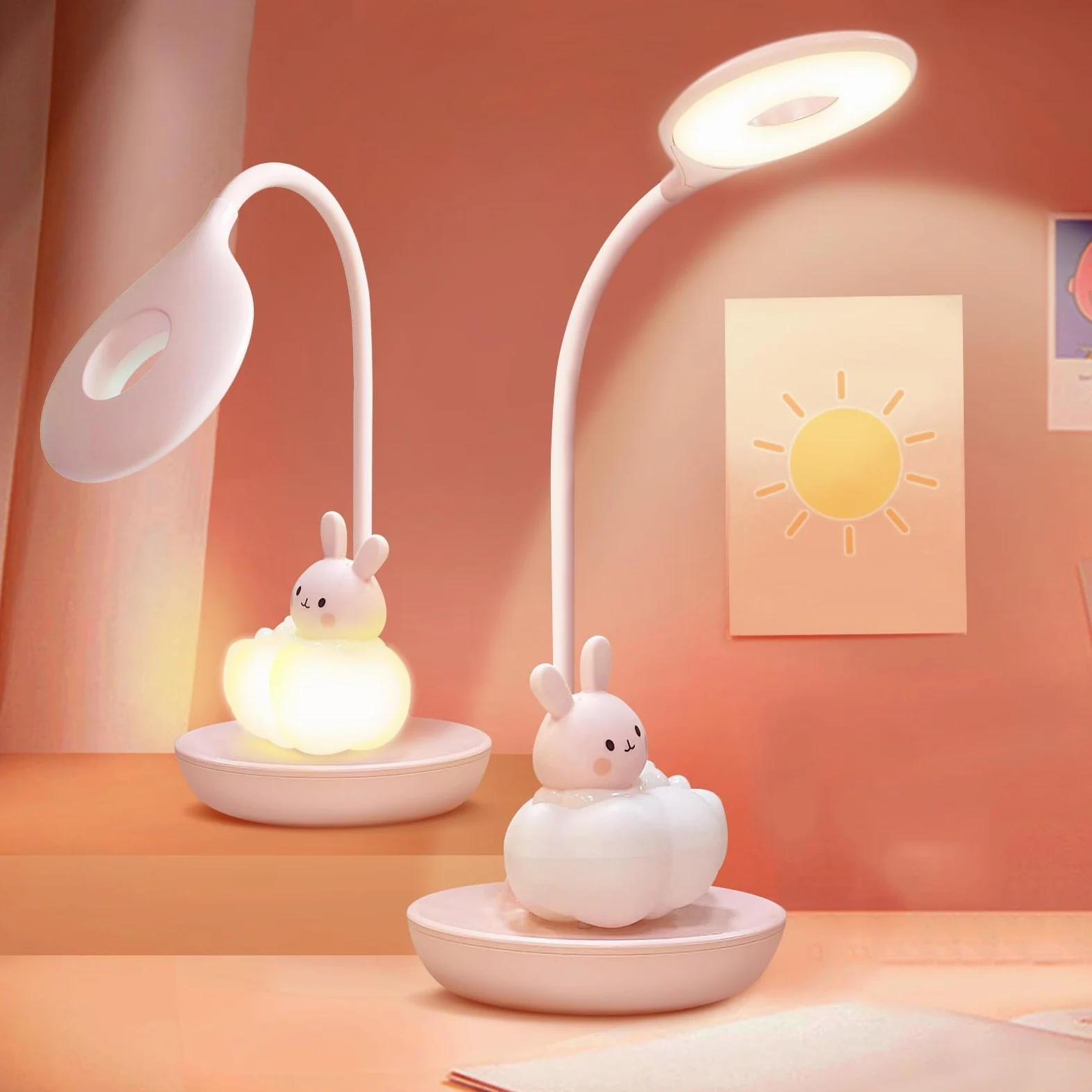 Lampada da Scrivania Bambina, Led Lampada da Tavolo 5 Luminosità 3 Modalità, Lampada Lettura Bambini Ricaricabile, Luce da Tavolo Bambini Senza Fili, Lampada da Scrivania Ragazza, Coniglio Rosa