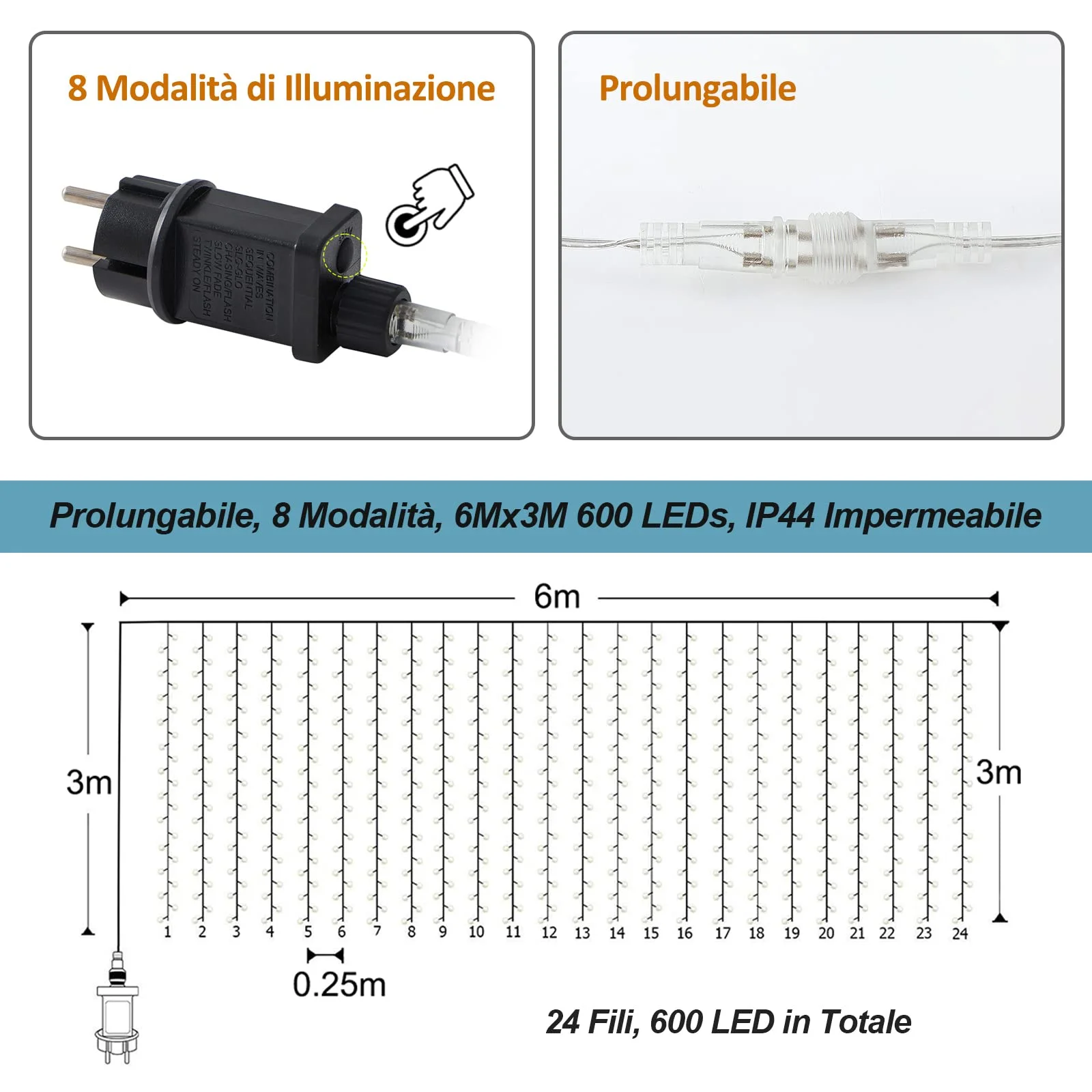 Zorela 600 LED 6Mx3M Tenda Luminosa Natale Esterno Interno Prolungabile Luci di Natale IP44 Impermeabile con 8 Modalità Tenda Luci Esterno per Natale, Giardino e Matrimonio
